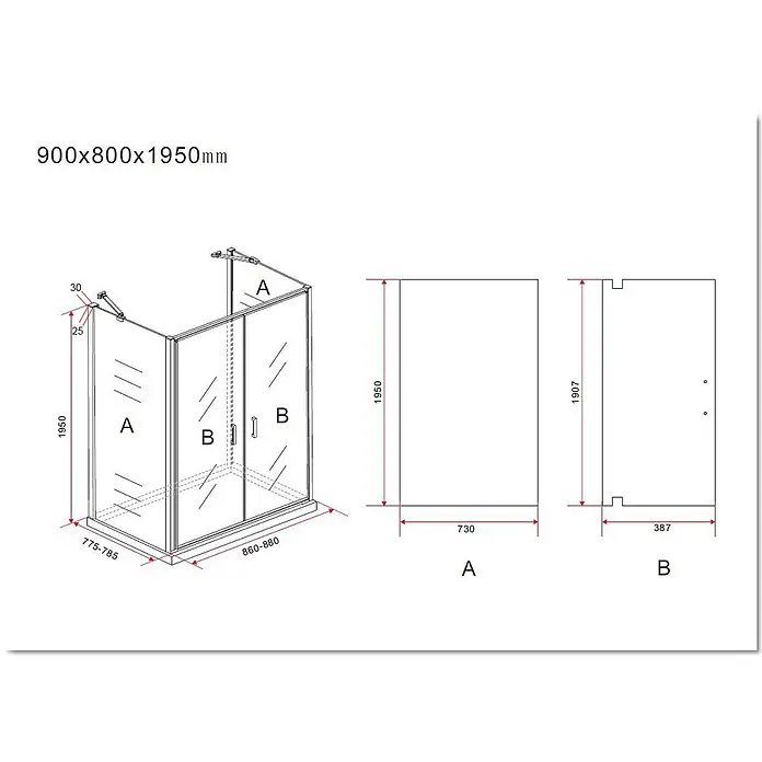 Glasdeals U-Duschkabine SYSTEMS 90 x 80 x 195 cm ESG 8 mm Klarglas 25006 -  - Duschkabine mit Klarglaswänden und silberfarbenem Rahmen, Schiebetüren und detaillierten Einbaumaßen.