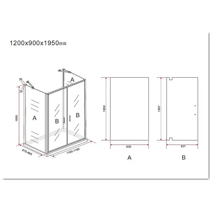 Glasdeals U-Duschkabine SYSTEMS 120 x 90 cm - 120 x 90 cm, Beschichtet, Klarglas / Chrom - Technische Zeichnung einer Eckduschkabine mit Klarglasscheiben und Schiebetüren, Gesamt- und Einzelmaße.