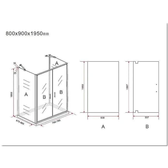 Glasdeals U-Duschkabine SYSTEMS 80 x 90 cm - 80 x 90 cm, Beschichtet, Klarglas / Chrom - Eckduschkabine, 800x900x1950mm, mit zwei festen und zwei Schiebetüren, detaillierte Maße.