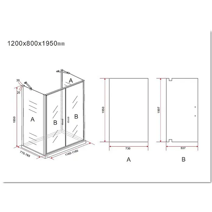 Glasdeals U-Duschkabine SYSTEMS 120 x 80 cm - 120 x 80 cm, Beschichtet, Klarglas / Chrom - Klare Glasduschkabine mit Metallrahmen und Maßen. Detaillierte Ansichten von Paneelen und Schiebetüren.