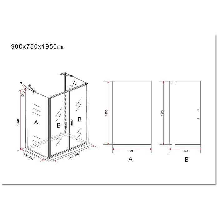 Glasdeals U-Duschkabine SYSTEMS 90 x 75 cm - 90 x 75 cm, Beschichtet, Klarglas / Chrom - Technische Zeichnung einer klaren Eckduschkabine aus Glas mit verchromtem Metallrahmen und detaillierten Maßen, 900x750x1950mm.