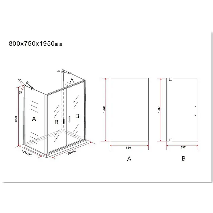 Glasdeals U-Duschkabine SYSTEMS 80 x 75 cm - 80 x 75 cm, Beschichtet, Klarglas / Chrom - Technisches Diagramm einer Duschkabine aus Klarglas, mit Gesamtmaßen (800x750x1950mm) und detaillierten Paneelspezifikationen.