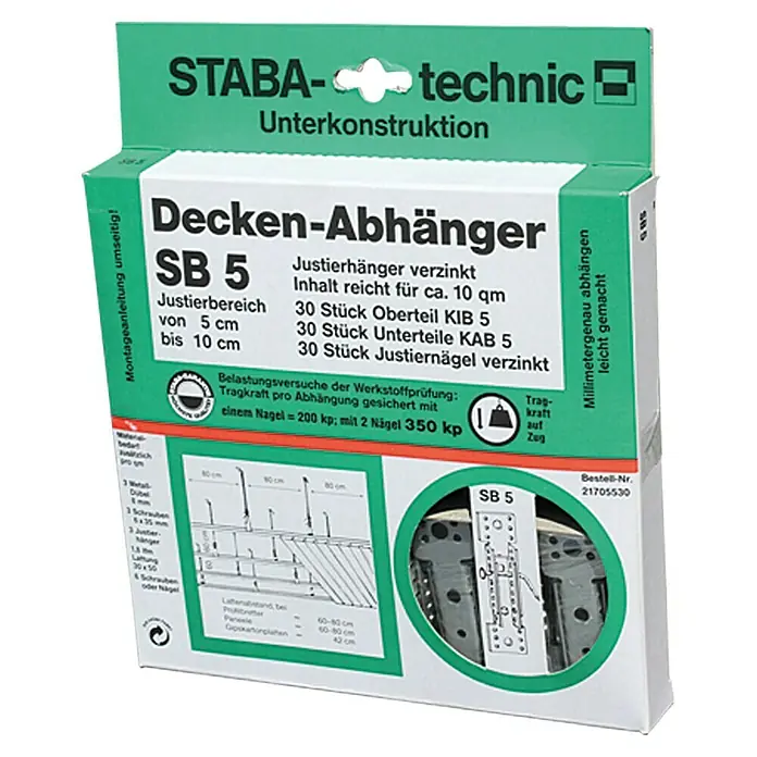 Staba Deckenabhänger SB 5 - Verstellbar: 5 cm - 10 cm, 30 Stk. - Produktverpackung der STABA-Technic Decken-Abhänger SB 5, einer Unterkonstruktion für Decken mit verstellbaren Aufhängern und Zubehör.