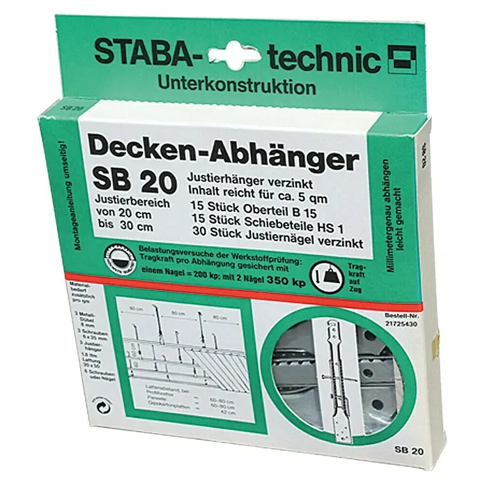 Staba Direktabhänger SB 20 - 15 Stk., Verstellbar: 20 Zentimeter (cm), 30 Zentimeter (cm) - Produktverpackung für STABA-technic Decken-Abhänger SB 20. Das Set beinhaltet justierbare verzinkte Deckenabhänger für Unterkonstruktionen.