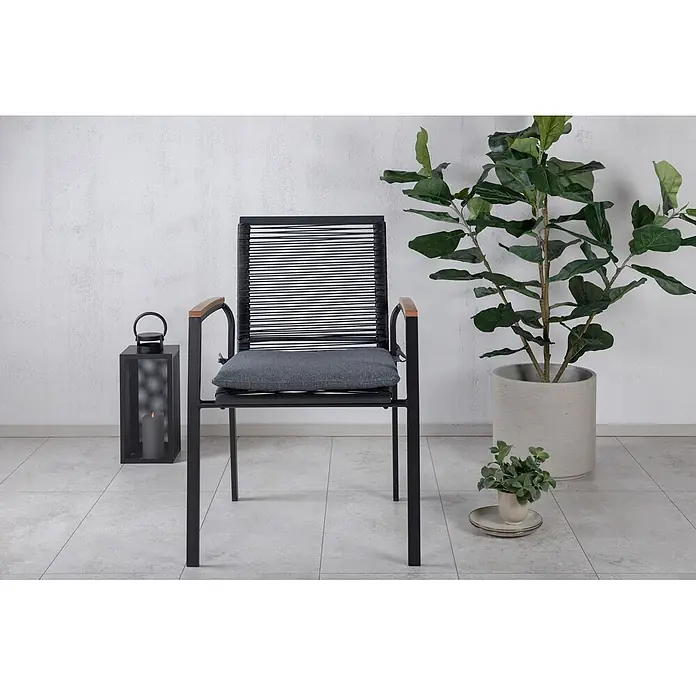 Ebuy24 Gartenstuhl Dallas 2er-Set - 2 Stk., 100 % Polyester, Holz, Rattan, Stahl, Schwarz, B x T x H: 57 x 64 x 84 cm