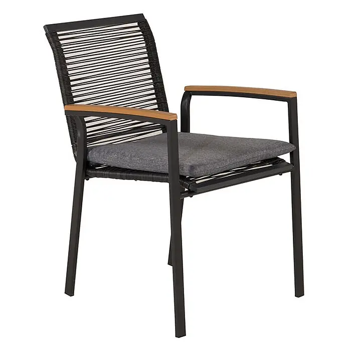 Ebuy24 Gartenstuhl Dallas 2er-Set - 2 Stk., 100 % Polyester, Holz, Rattan, Stahl, Schwarz, B x T x H: 57 x 64 x 84 cm