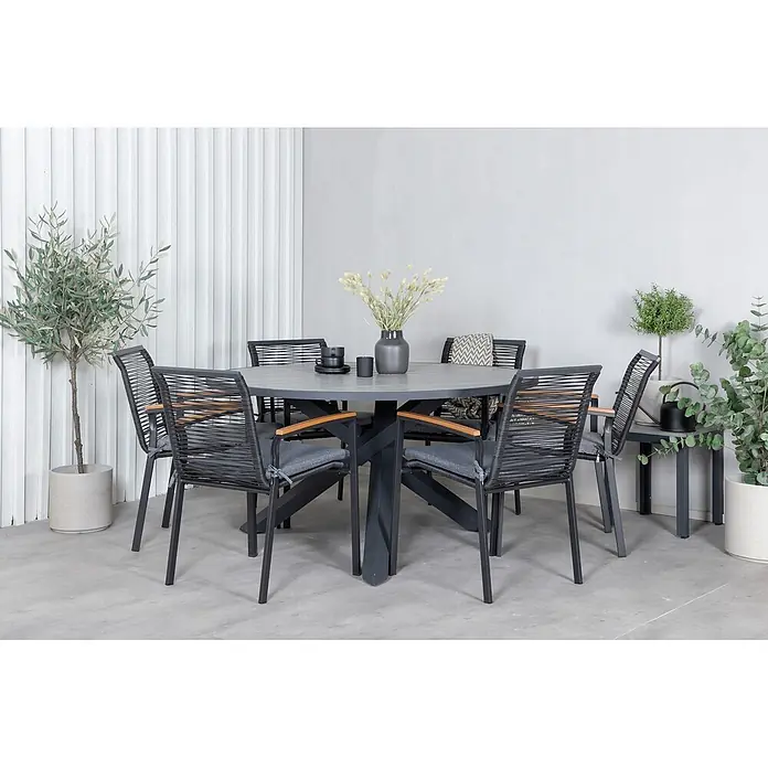 Ebuy24 Gartenstuhl Dallas 2er-Set - 2 Stk., 100 % Polyester, Holz, Rattan, Stahl, Schwarz, B x T x H: 57 x 64 x 84 cm