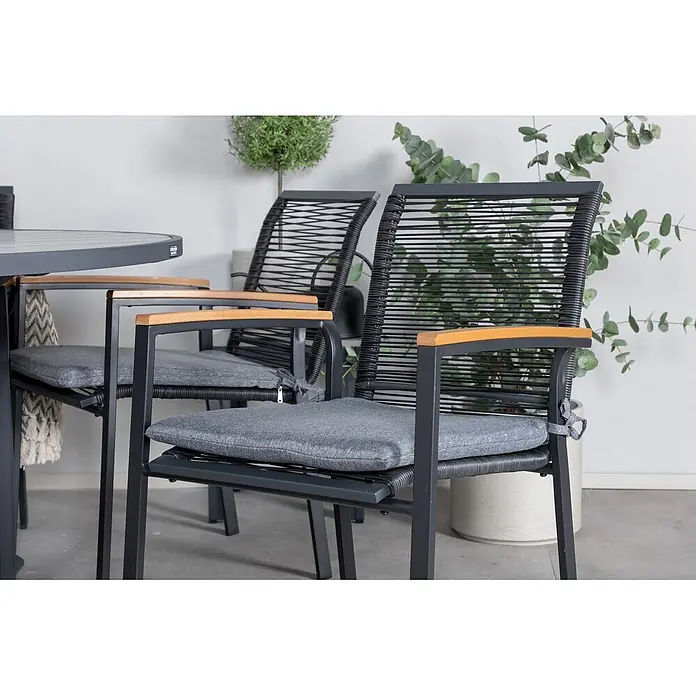 Ebuy24 Gartenstuhl Dallas 2er-Set - 2 Stk., 100 % Polyester, Holz, Rattan, Stahl, Schwarz, B x T x H: 57 x 64 x 84 cm