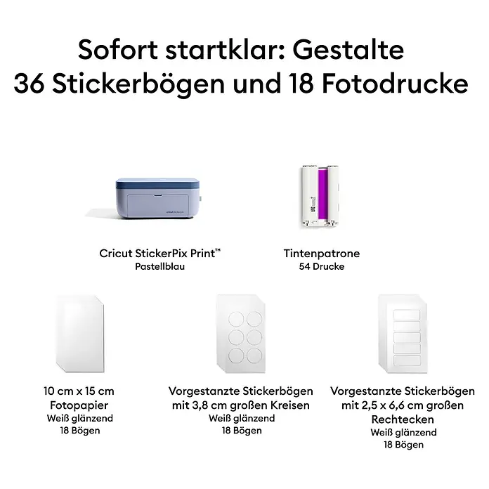 Cricut Drucker Stickerpix Print Essential-Bundle - Pastellblau, 19,8 x 8,9 x 12,7 cm - Cricut StickerPix Print Kit mit pastelblauem Drucker, Tintenpatrone, Fotopapier und vorgestanzten Stickerbögen.
