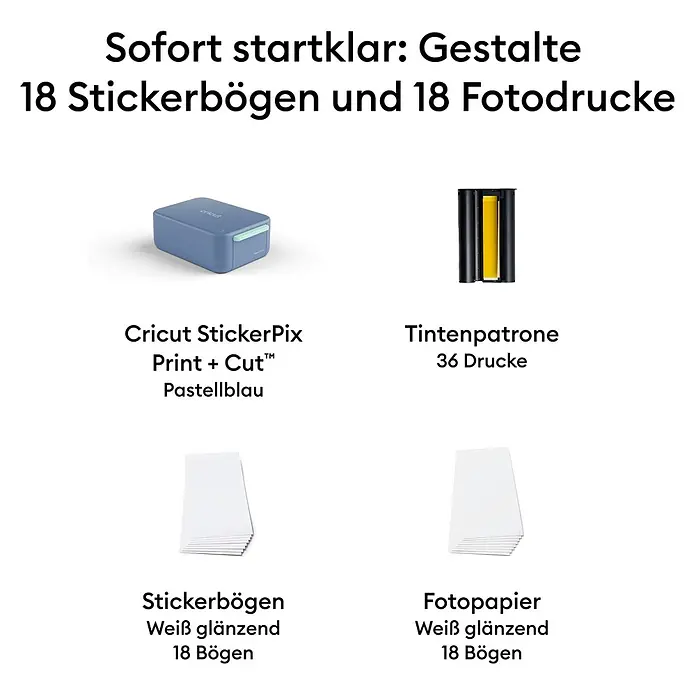 Cricut Drucker Stickerpix Print & Cut Essential-Bundle - Pastellblau, 28,7 x 20,3 x 10,4 cm - Cricut StickerPix Print + Cut Drucker in Pastellblau, inklusive Tintenpatrone, 18 glänzende Sticker- und 18 Fotopapierbögen.