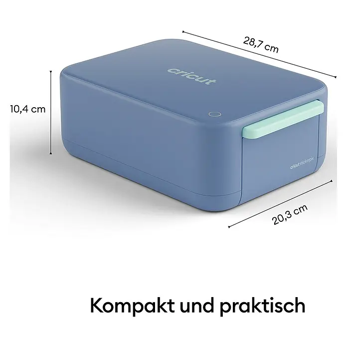 Cricut Drucker Stickerpix Print & Cut Essential-Bundle - Pastellblau, 28,7 x 20,3 x 10,4 cm - Blaue Cricut Stickerpix Maschine mit hellgrünem Griff, 28,7 cm lang, 20,3 cm breit und 10,4 cm hoch.