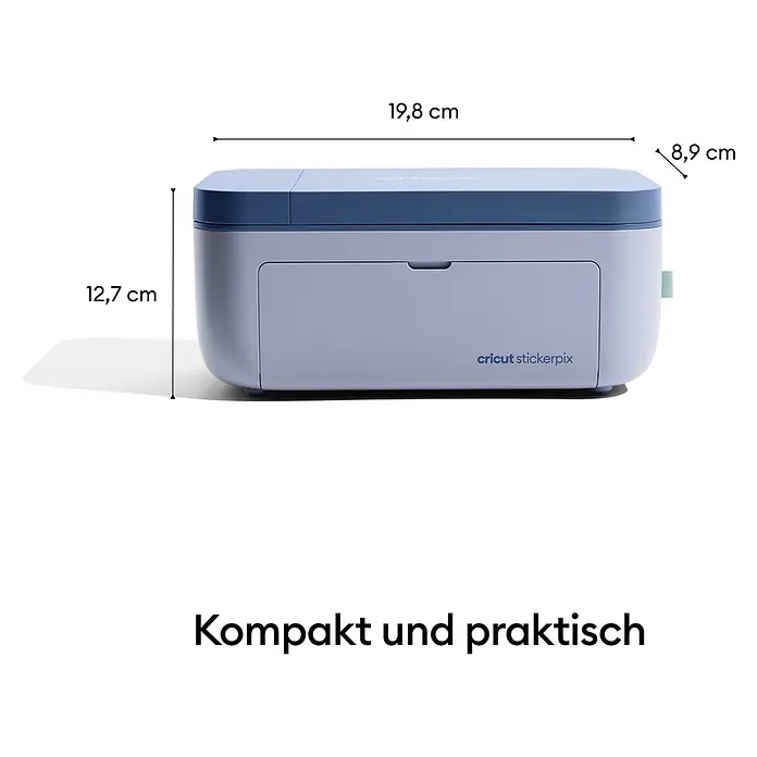 Cricut Drucker Stickerpix Print Essential-Bundle - Pastellblau, 19,8 x 8,9 x 12,7 cm - Kompakter Cricut Stickerpix Sticker-Maker in Helllila und Dunkelblau.
