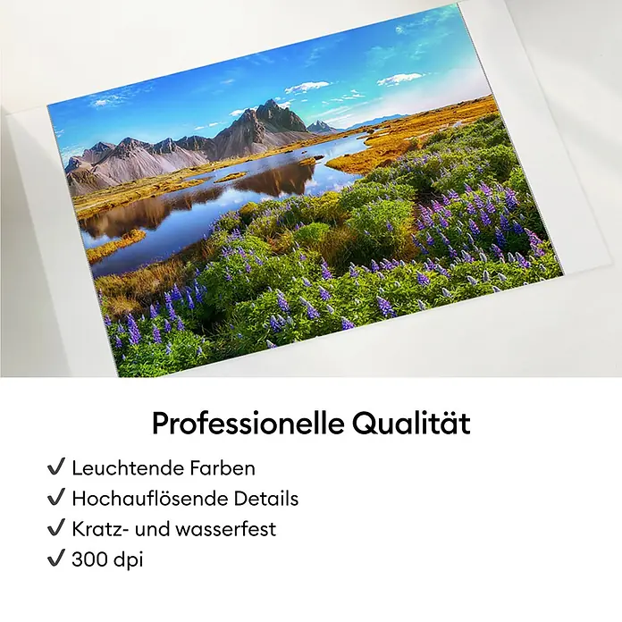 Cricut Drucker Stickerpix Print Essential-Bundle - Pastellblau, 19,8 x 8,9 x 12,7 cm - Ein hochwertiger Landschaftsfotodruck mit leuchtenden Farben, Bergen, einem See und lila Blumen.
