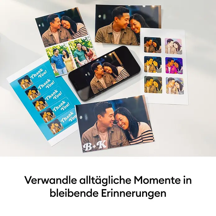 Cricut Drucker Stickerpix Print Essential-Bundle - Pastellblau, 19,8 x 8,9 x 12,7 cm - Personalisierte Fotoprodukte: Abzüge, 'Thank You!'-Aufkleber und künstlerische Foto-Sticker eines Paares.
