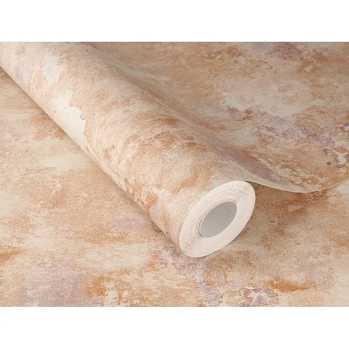Rasch #followusaround Vliestapete - Terrakotta, Sonstiges, 10,05 x 0,53 m - Teilweise abgerollte, strukturierte Tapetenrolle mit abstraktem Muster in Beige, Braun und zarten Violetttönen.