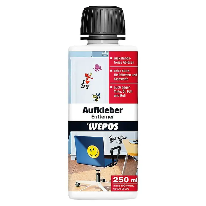 Wepos Aufkleber-Kleberesteentferner - 250 ml - Vorderansicht