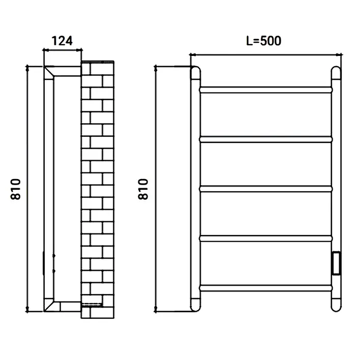 Rointe Radiador toallero eléctrico Sublime - An x Al: 50 x 81 cm, Acero - Dibujo técnico de un toallero calefactable, 810 mm de alto, 500 mm de ancho y 124 mm de profundidad desde la pared.