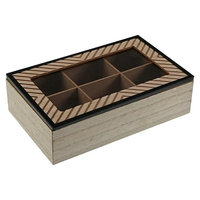 Versa Caja de almacenaje Cohen - L x An x Al: 24 x 17 x 7 cm, Madera, Márron - Caja de almacenamiento de madera clara con ribete negro, tapa transparente y nueve compartimentos internos.