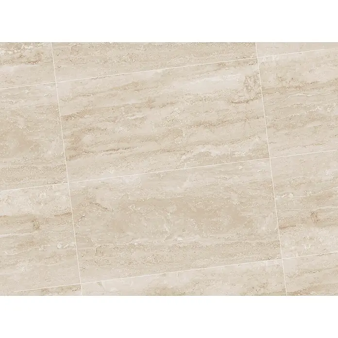 Feinsteinzeugfliese Trenova - 120 x 60 cm, Crema, Matt - Beige Fliesen in Travertin-Optik mit ausgeprägter Maserung, im Rastermuster verlegt.