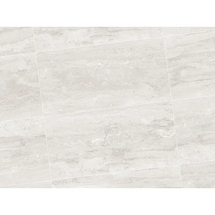 Feinsteinzeugfliese Trenova - 120 x 60 cm, Grigio, Glänzend - Helle, graue Fliesen in Travertin-Optik mit weißen Fugen für Boden und Wand.