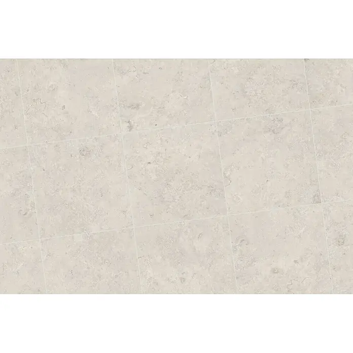 Feinsteinzeugfliese Fossil - 60 x 60 cm, Kalk, Matt - Hellbeige Fliesen in Steinoptik mit strukturierter Oberfläche und sichtbaren Fugen, die eine natürliche Ästhetik bieten.