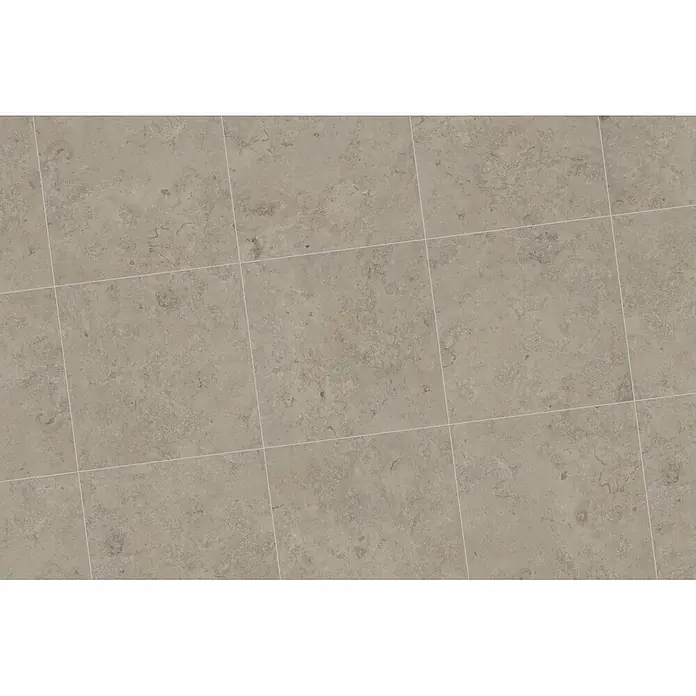 Feinsteinzeugfliese Fossil - 60 x 60 cm, Natur, Matt - Helle beige, strukturierte Stein- oder Keramikbodenfliesen mit feinen weißen Fugen, im Rastermuster angeordnet.