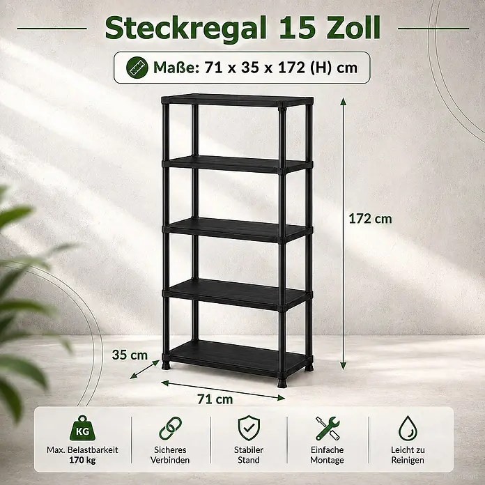 Ondis24 Kunststoffregal - Traglast pro Boden: 30 kg, Anzahl Böden: 5 Stk., Stecken, Anthrazit - Schwarzes 5-stöckiges Steckregal aus Kunststoff, 71x35x172 cm, mit 170 kg Traglast.