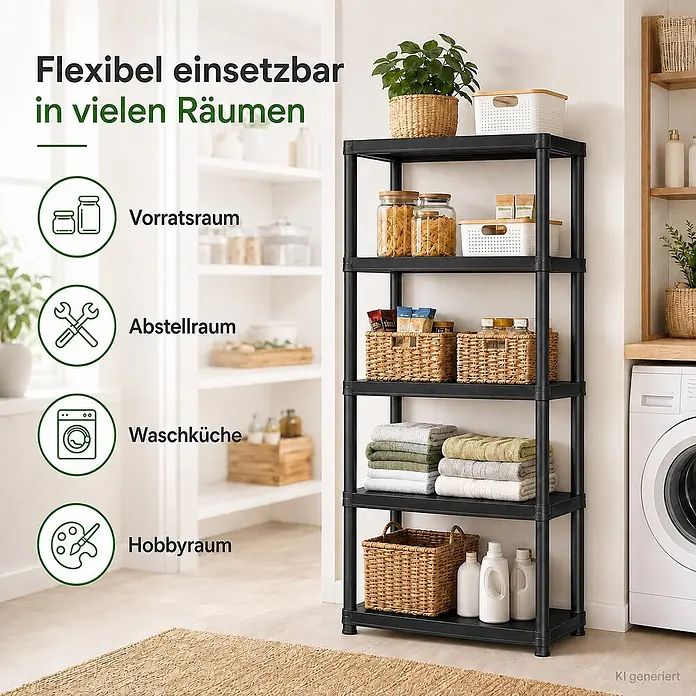 Ondis24 Kunststoffregal - Traglast pro Boden: 30 kg, Anzahl Böden: 5 Stk., Stecken, Anthrazit - Vielseitiges schwarzes 5-stöckiges Kunststoffregal zur Organisation von Haushaltsgegenständen in verschiedenen Räumen.