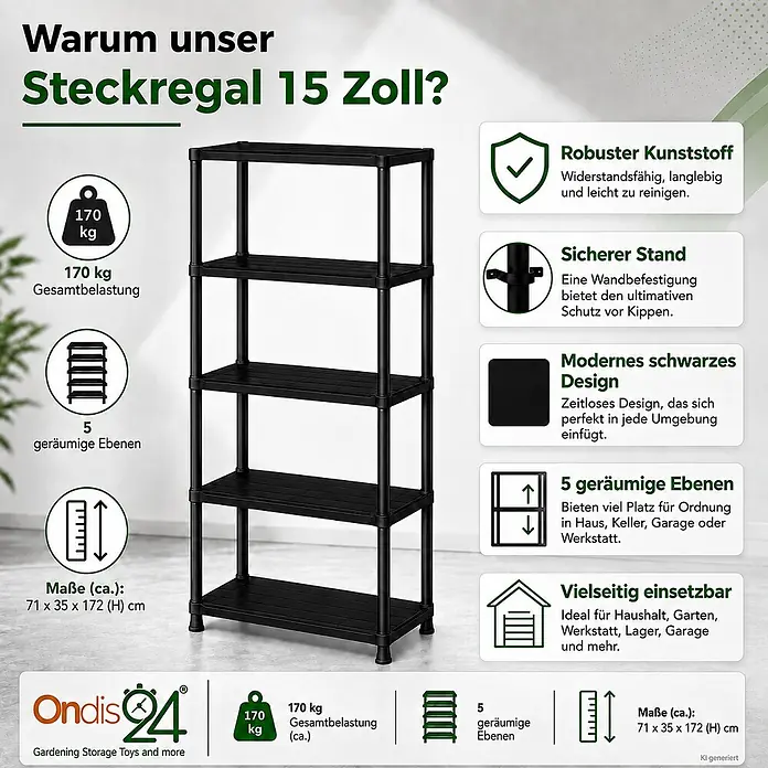 Ondis24 Kunststoffregal - Traglast pro Boden: 30 kg, Anzahl Böden: 5 Stk., Stecken, Anthrazit - Schwarzes 5-stöckiges Kunststoff-Steckregal, belastbar bis 170 kg, 71x35x172 cm, mit Wandbefestigung für sicheren Stand.