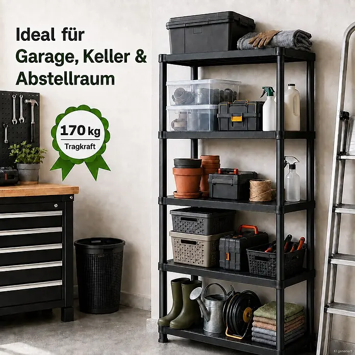 Ondis24 Kunststoffregal - Traglast pro Boden: 30 kg, Anzahl Böden: 5 Stk., Stecken, Anthrazit - Schwarzes 5-stöckiges Kunststoffregal, ideal für Garage oder Abstellraum, mit Werkzeugen und Vorräten. 170 kg Tragkraft.