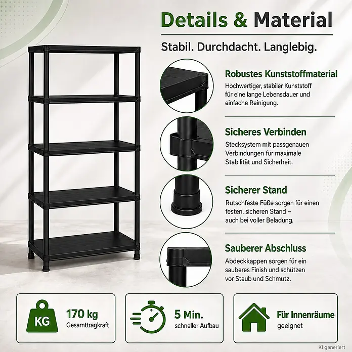 Ondis24 Kunststoffregal - Traglast pro Boden: 30 kg, Anzahl Böden: 5 Stk., Stecken, Anthrazit - Schwarzes 5-stufiges Kunststoffregal, mit Details zu 170 kg Tragkraft, schneller Montage und Inneneignung.