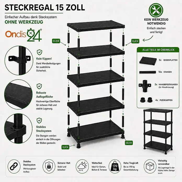 Ondis24 Kunststoffregal - Traglast pro Boden: 30 kg, Anzahl Böden: 5 Stk., Stecken, Anthrazit - Schwarzes Kunststoff-Steckregal mit mehreren Ablagen, werkzeuglos montierbar.