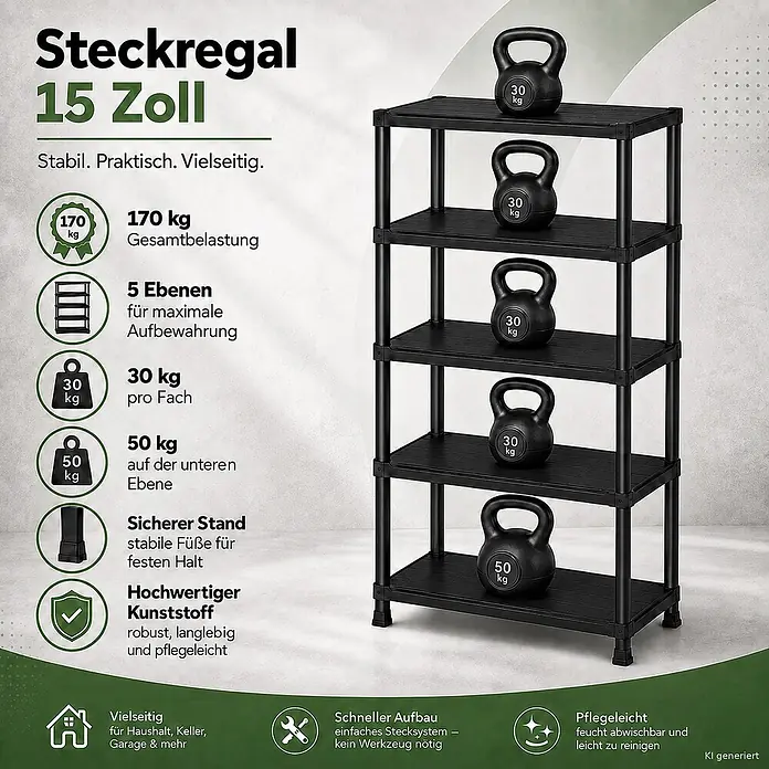 Ondis24 Kunststoffregal - Traglast pro Boden: 30 kg, Anzahl Böden: 5 Stk., Stecken, Anthrazit - Schwarzes 15-Zoll-Steckregal aus Kunststoff mit 5 Ablagen, robust, stabil und einfach zu montieren für vielseitige Lagerung.