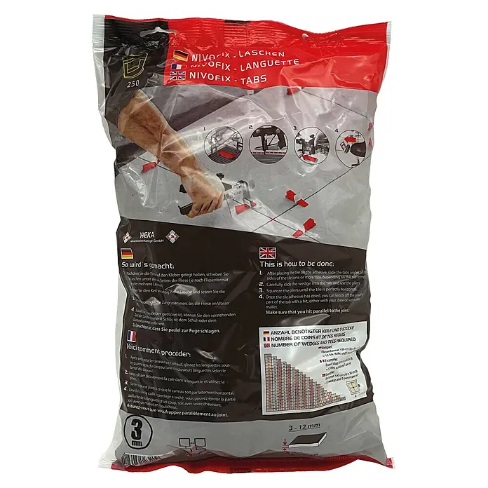 Heka Nivofix Laschen - Passend für: Fugenbreite 3 mm, 250 Stk., 3 mm - 12 mm - Packung mit 250 roten NIVOFIX Fliesen-Nivellierlaschen (3mm), inkl. Gebrauchsanleitung und einer Tabelle für benötigte Keile pro m².