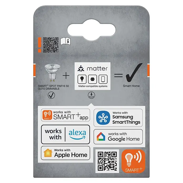 Osram Smart+ Smart-LED-Lampe matter - GU10, Dimmbar, Warmweiß, 350 lm, 4,7 W - Verpackung einer SMART+ dimmbaren GU10 Spotleuchte, kompatibel mit Matter, Alexa, Google Home, Apple Home und SmartThings.