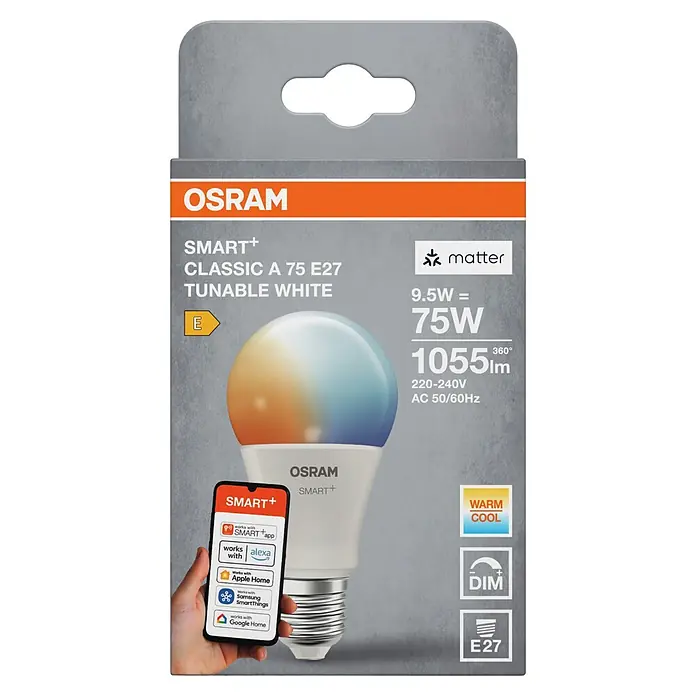 Osram Smart+ Smart-LED-Lampe matter - E27, Dimmbar, Mehrfarbig, 1.055 lm, 9,5 W - OSRAM SMART+ E27 Tunable White LED-Birne in grauer Verpackung mit technischen Details und Smart Home-Kompatibilität.