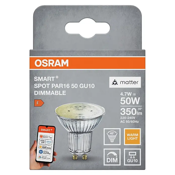 Osram Smart+ Smart-LED-Lampe matter - GU10, Dimmbar, Warmweiß, 350 lm, 4,7 W - OSRAM SMART+ dimmbare GU10 LED-Spotlampe in grauer Verpackung, mit warmem Licht und Smart Home-Kompatibilität.