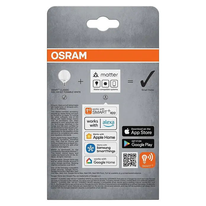 Osram Smart+ Smart-LED-Lampe matter - E27, Dimmbar, Mehrfarbig, 1.521 lm, 14 W - Verpackung einer OSRAM SMART+ Glühbirne, die Matter- und Smart Home-Kompatibilität zeigt.