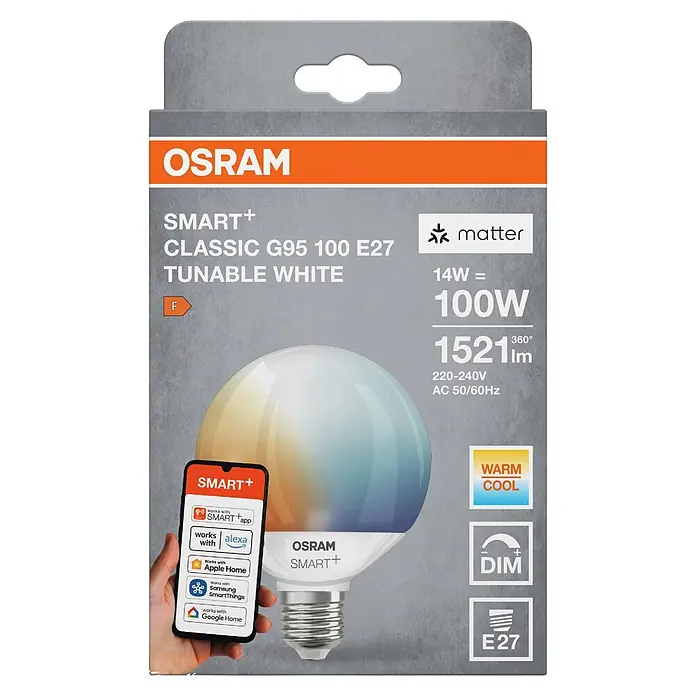 Osram Smart+ Smart-LED-Lampe matter - E27, Dimmbar, Mehrfarbig, 1.521 lm, 14 W - OSRAM SMART+ Classic G95 100 E27 Tunable White Smart-Glühbirne Paket. Mit Matter, 14W, 1521lm, dimmbar, und Smart Home Kompatibilität.