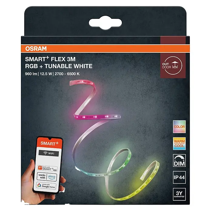Osram Smart+ LED-Band Flex außen - Länge: 300 cm, Lichtfarbe: RGBW, 12,5 W, 740 lm, 220 V - 240 V - Verpackung der OSRAM SMART+ FLEX 3M RGB+Tunable White LED-Leiste. Die farbige, dimmbare Outdoor-Leiste wird mit Smartphone-Wi-Fi-Steuerung gezeigt.