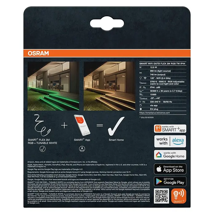 Osram Smart+ LED-Band Flex außen - Länge: 300 cm, Lichtfarbe: RGBW, 12,5 W, 740 lm, 220 V - 240 V - OSRAM Smart+ Outdoor-WLAN-LED-Streifen, 3m, RGB und abstimmbares Weiß, der Außentreppen beleuchtet und per App gesteuert wird.