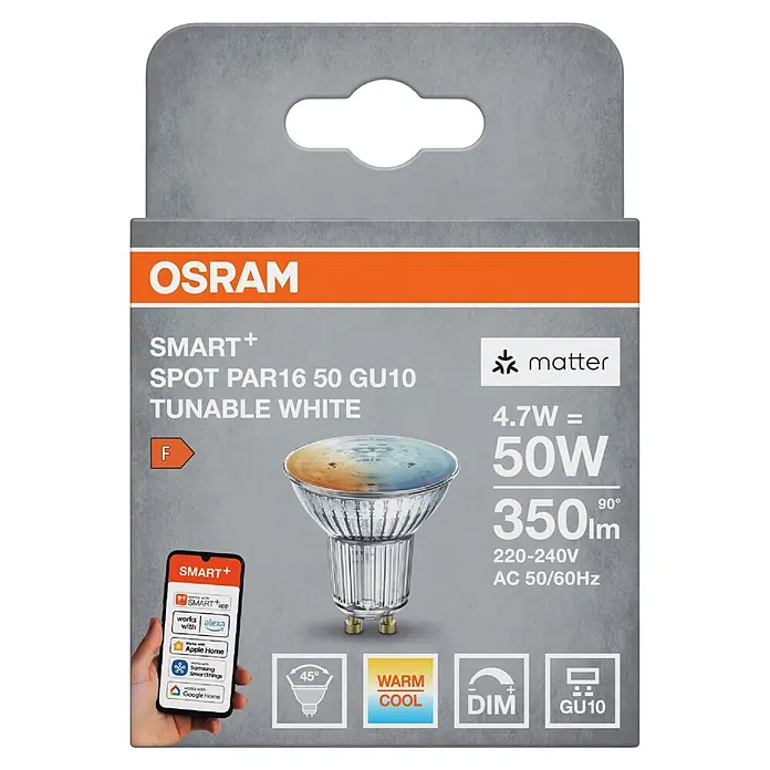 Osram Smart+ Smart-LED-Lampe matter - GU10, Dimmbar, Mehrfarbig, 350 lm, 4,7 W - OSRAM SMART+ GU10 LED-Spotleuchtmittel, Tunable White & dimmbar, in Verkaufsverpackung. 4,7W (50W), 350lm, 45° Abstrahlwinkel.