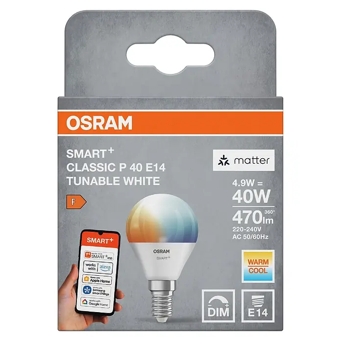 Osram Smart+ Smart-LED-Lampe P40 matter - E14, Dimmbar, Tageslichtweiß, 470 lm, 4,9 W - Vorderansicht