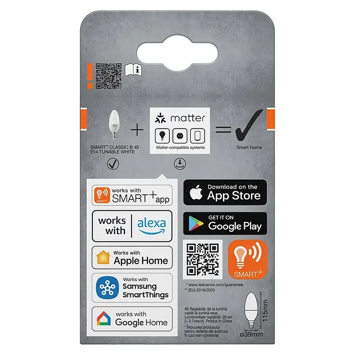 Osram Smart+ Smart-LED-Lampe B40 matter - E14, Dimmbar, Tageslichtweiß, 470 lm, 4,9 W - Rückansicht