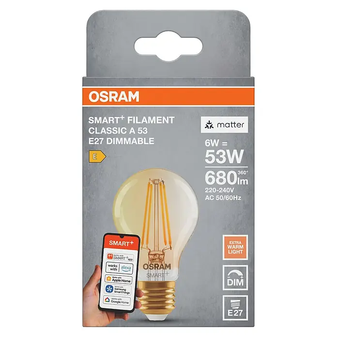 Osram Smart+ Smart-LED-Lampe Birne matter - E27, Dimmbar, Warmweiß, 680 lm, 6 W - OSRAM Smart+ Filament LED-Glühbirnenverpackung, E27 dimmbar, 6W, 680lm, kompatibel mit Matter, Alexa, Apple Home, Google Home.