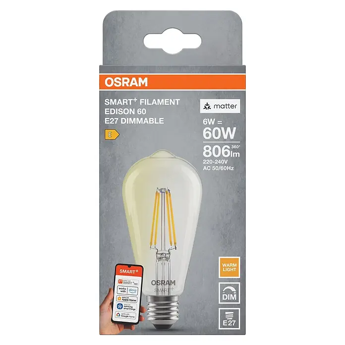 Osram Smart+ Smart-LED-Lampe Edison matter - E27, Dimmbar, Warmweiß, 806 lm, 6 W - Osram Smart+ Filament Edison E27 dimmbare LED-Lampe (60W-Äquivalent, warmweiß) in der Verkaufsverpackung.
