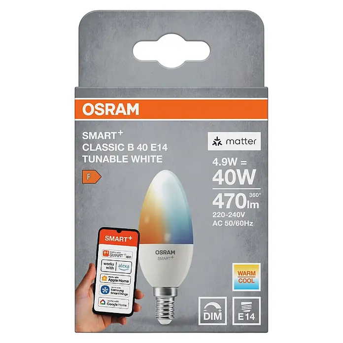 Osram Smart+ Smart-LED-Lampe B40 matter - E14, Dimmbar, Tageslichtweiß, 470 lm, 4,9 W - Vorderansicht