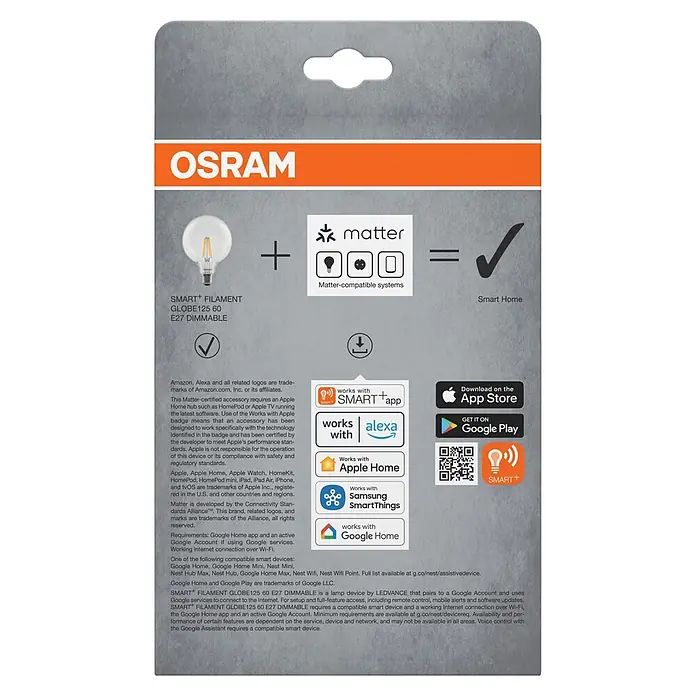Osram Smart+ Smart-LED-Lampe Globe matter - E27, Dimmbar, Warmweiß, 806 lm, 6 W - OSRAM Smart+ Filament Globe E27 dimmbare LED-Lampe Verpackung, zeigt Leuchtmittel und Matter, Apple Home, Google Home, Alexa, SmartThings Kompatibilität.