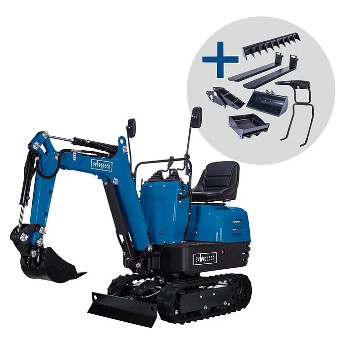 Scheppach Minibagger EXC815 inkl. XXL Zubehör-Set - 6,3 kW, Benzin, Auslegerschwenkbereich: -70 ° - 70 ° - Blauer Scheppach Minibagger mit schwarzen Ketten, Sitz und vielfältigem Zubehör wie Schaufeln, Gabeln und Rechen.
