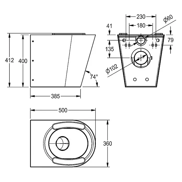 KWC Waschbecken KWC -  - Technische Zeichnung einer wandhängenden Toilette mit detaillierten Maßen für die Installation.